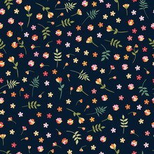 Ditsy Seamless Floral Pattern With Colorful Wild Flowers And Leaves On Black Background. Beautiful Vector Illustration. Fashion Design.