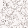 Seamless pattern, background with blooming magnolia flowers. Outline drawing.