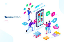 Smartphone Or Phone With Online Language Translator. Isometric View On Translation App With Flags, Application For Multilingual Simultaneous Communication Or Talk. Foreign Language Interpreter With AI