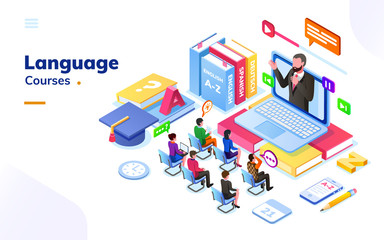 People at foreign language courses. English or french, german or spanish online class with teacher and notebook. E-learning or electronic learning international school with students. Tutorial or exam