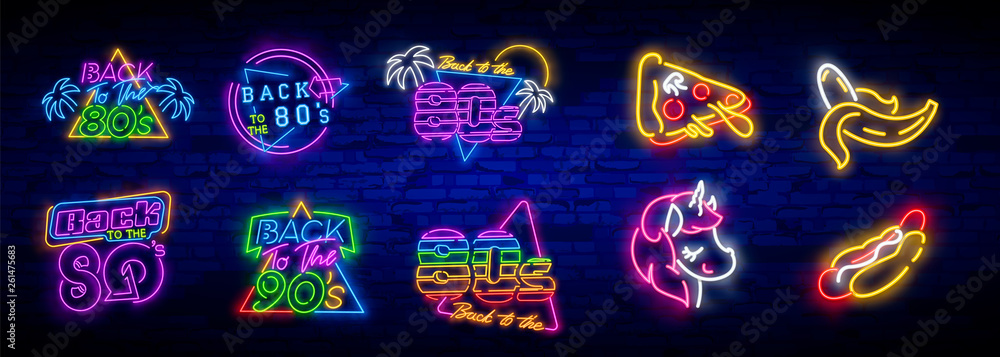 Neon 80's collection neon signs vector. Back to the 80s design template concept. Neon banner background design, night symbol, modern trend design. Vectro Illustration - obrazy, fototapety, plakaty 