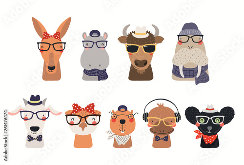 Big set of cute hipster animals in hats and glasses. Isolated objects on whit...
