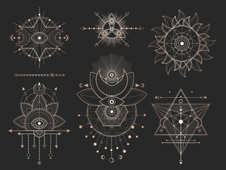 Wall Mural - Vector set of Sacred geometric symbols and figures on black background. Gold abstract mystic signs collection.