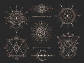 Wall Mural - Vector set of Sacred geometric symbols and figures on black background. Gold abstract mystic signs collection.