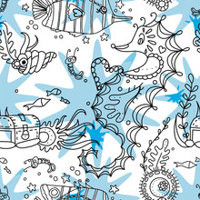Seamless Vector Pattern With Seahorse, Shell, Tropical Fish Seaweed And Cute Shrimp. Black, Blue And White Marine Endless Texture Of Sea World. For Wallpaper, Pattern Fills, Web Page Background