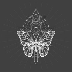 Vector illustration with hand drawn butterfly and Sacred geometric symbol on black background. Abstract mystic sign.