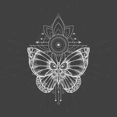 Vector illustration with hand drawn butterfly and Sacred geometric symbol on black background. Abstract mystic sign.