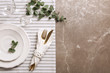 © New Africa - Stylish elegant table setting on marble background, top view. Space for text