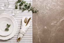 Stylish Elegant Table Setting On Marble Background, Top View. Space For Text