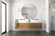 3d Rendering Of A Modern Minimal White Bathroom With Big Round Mirror
