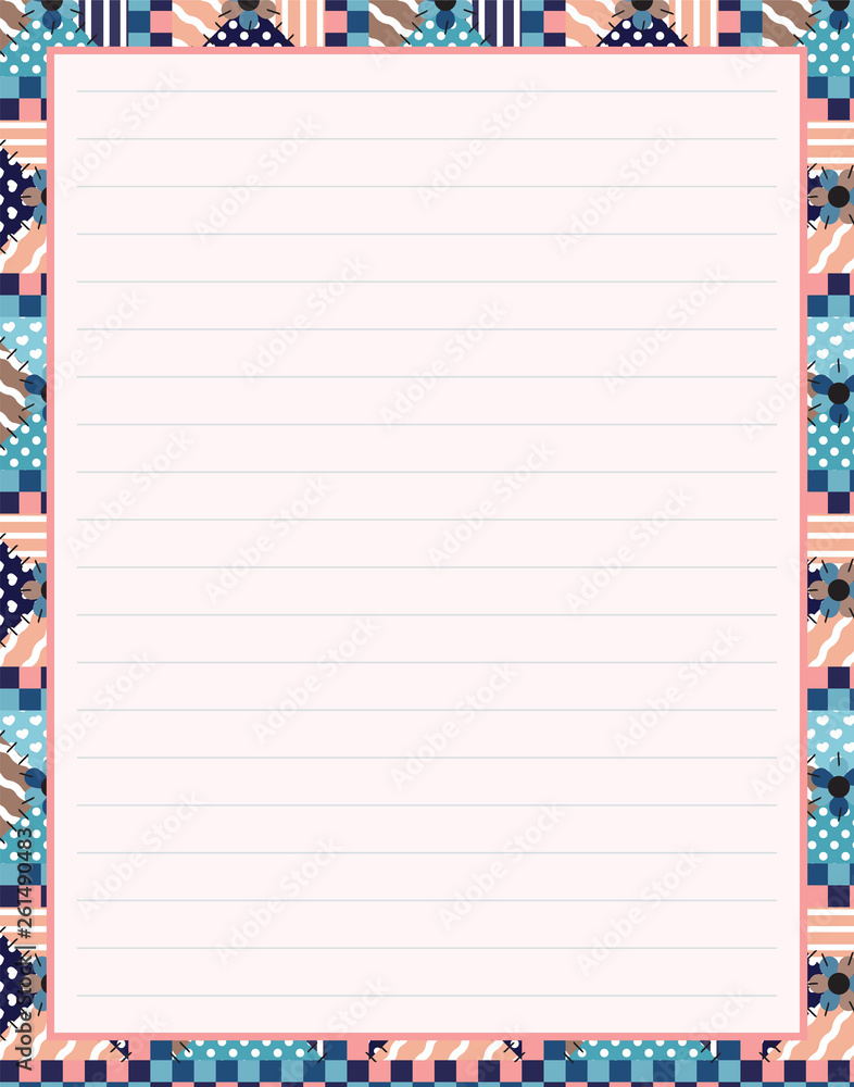 Vector printing paper note, optimal A4 size. Kawaii paper blank for notebook, handwriting letters, diary, planners, notes. Abstract illustration in patchwork, quilting, textile style. Lined version