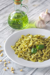 Wall Mural - Portion of farfalle with pesto with ingredients