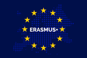 Erasmus on European union map with europe dots shaped map