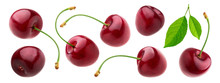 Cherry Isolated On White Background With Clipping Path, Fresh Cherries With Stems And Leaves