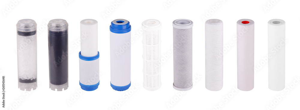 Set filters isolated white background. Polypropylene Foamed Pressed granulated carbon Cation exchange resin, Polyphosphate coal postfilter with silver ions. Reverse Osmosis Membrane. Purifies water. - obrazy, fototapety, plakaty 