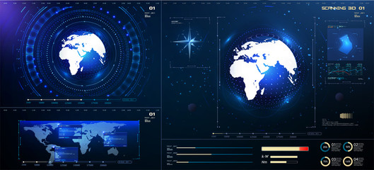 Fototapete - Futuristic earth in modern HUD style on blue background. planets. Satellites digital global technology concept. Maps futuristic technology HUD screen and set UI elements.  