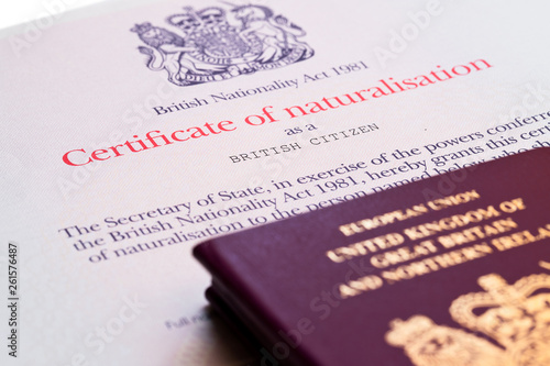 Cuadros en Lienzo Image of the new issued pre brexit style British passports with naturalization c