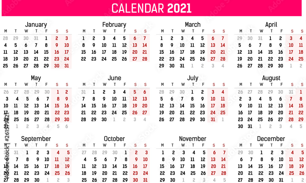 Prosty szablon kalendarza na rok 2020 i 2021. Ilustracja wektorowa płaski kolor stylu. Roczny szablon kalendarza. Orientacja pionowa. Zestaw 12 miesięcy. - obrazy, fototapety, plakaty 