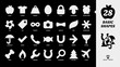 © Yuriy - Basic white glyph shapes icon set on a black background with simple fill silhouette fan, tag, infinity, camera, bow tie, leaf, snowflake, umbrella, check, phone, candy, magnet, arrow and more symbols.