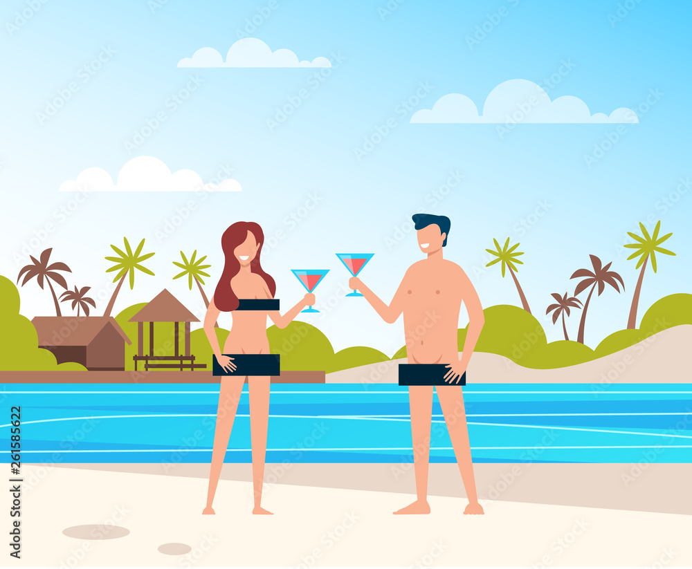 couple  nudist Two happy smiling people man and woman couple characters nudist sunbathing  and relax at beach. Summer time and open mind concept. Vector flat cartoon  graphic design illustration の Stock ベクター | Adobe