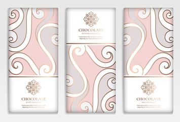 Luxury golden packaging design of chocolate bars. Vintage vector ornament template. Elegant, classic elements. Great for food, drink and other package types. Can be used for background and wallpaper.