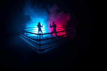 Wall Mural - Man and woman boxing on the ring. Sport concept. Artwork decoration with foggy toned dark background.