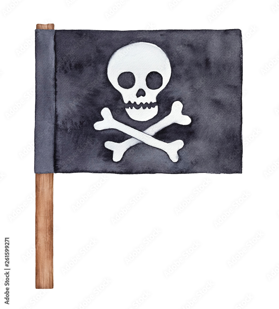 Black watercolour pirate flag with skull and crossbones silhouette, on ...