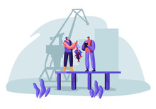 Fisherman Show Fish Haul To Customer Standing On Pier With Loading Crane On Background. Buyer Watching Fishery Catch In Dock From Hand Of Fisher Man. Fishing Industry. Cartoon Flat Vector Illustration