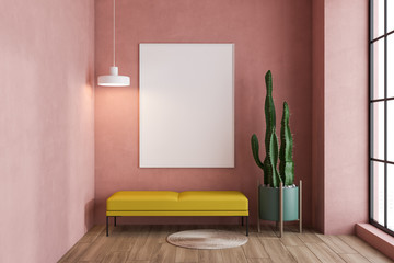 Pink living room with bench and poster