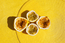 Passion Fruit On A Yellow Background, Summertime Yellow Mood, Passion Fruit Pulp.