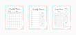 © Vera - Daily,  weekly and monthly planner templates. Blank white, pink and blue planner pages isolated on white. Business organizer page. Time-management concept. Stationery vector illustration.