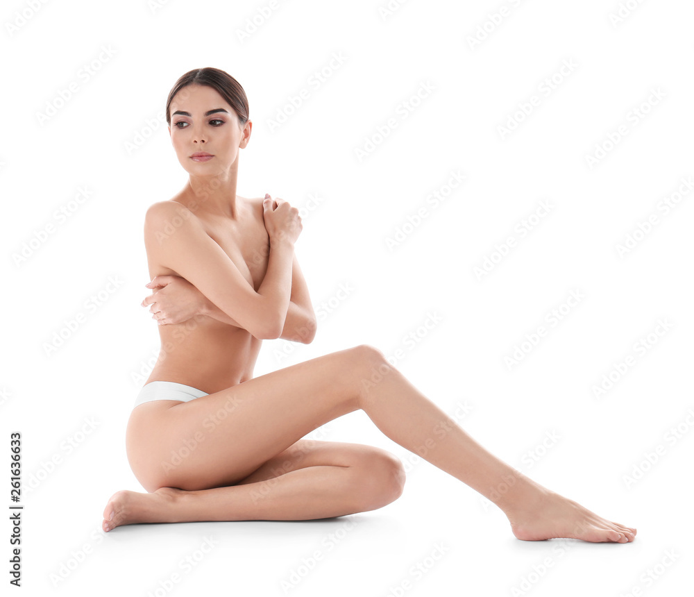 Young woman with perfect smooth skin on white background. Beauty and body care - obrazy, fototapety, plakaty 
