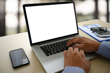 man working on his laptop with blank copy space Laptop with blank screen Mock up Blank screen computer