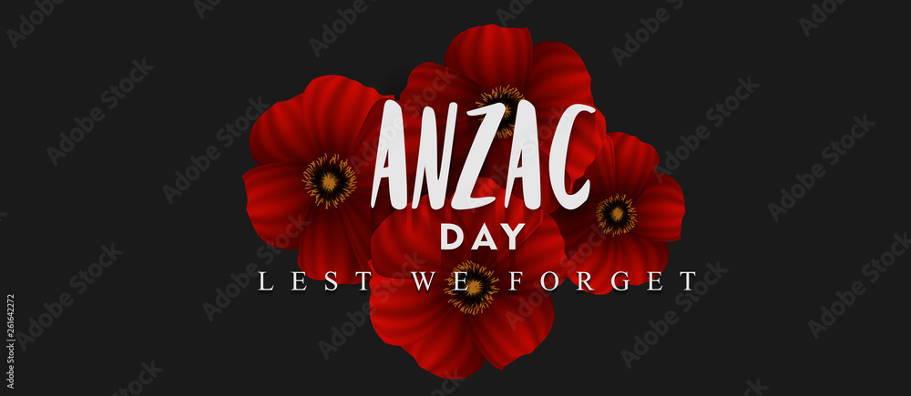 anzac day lest we forget, with red poppies - obrazy, fototapety, plakaty 