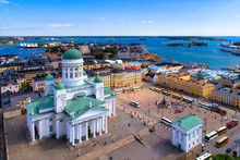 Helsinki Cityscape With Lutheran Cathedral At Senate Square Aerial