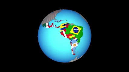 Wall Mural - Closing in on Latin America with embedded national flags on blue political 3D globe. 3D illustration.