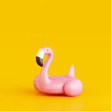 Flamingo Float On Yellow Background. Summer Minimal Concept. 3d Rendering