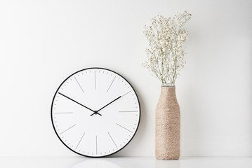 Wall Mural - Home office minimal workspace desk with wall clock