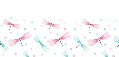 Wall Mural - Vector Seamless Pattern with Watercolor Dragonfly  .Perfect for postcards, greeting cards, wedding invitations