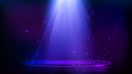 Wall Mural - stage spot lighting. magic light and particles. blue and purple background. vector illustration