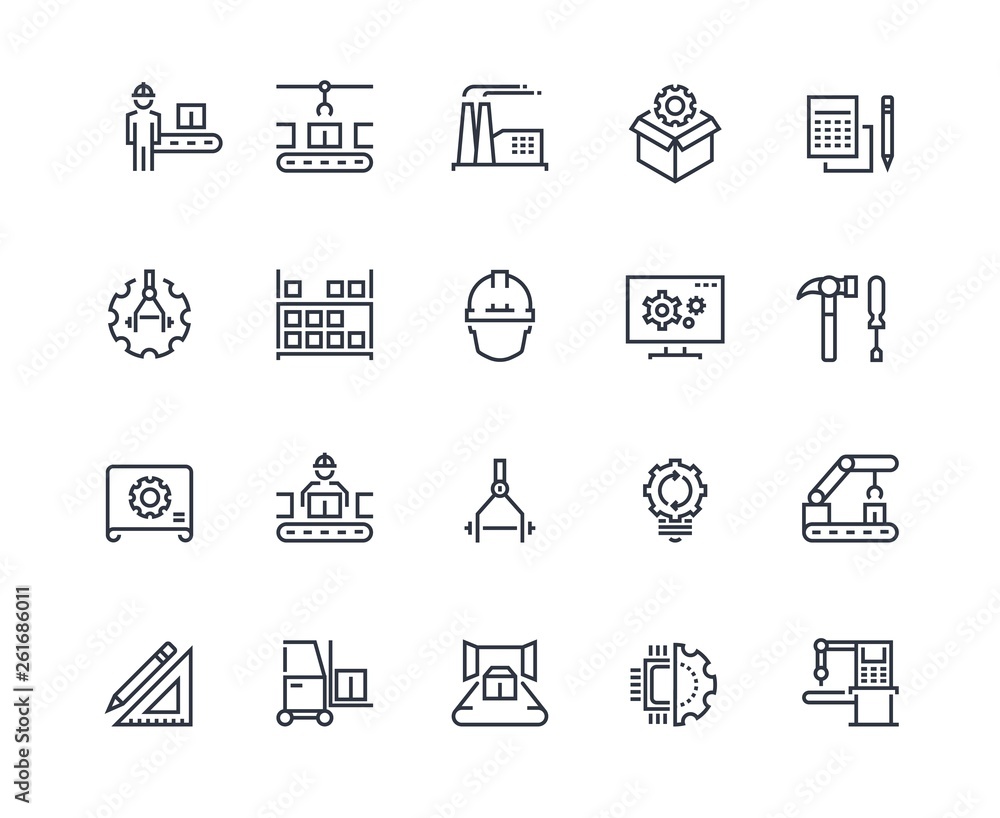 Production line icons. Industry machine production, factory conveyor line, automatic robot manipulator. Industrial vector pictograms template concept engineering set - obrazy, fototapety, plakaty 