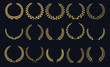 Golden laurel wreath. Realistic crown, leaf shapes winner prize, foliate crest 3D emblems. Vector greek roman laurel silhouettes and olive wreaths honor achievements