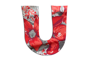 Letter U alphabet with floral fabric texture on white background