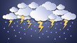 Summer thunderstorms. Storm clouds, thunderstorm lightning and rainy weather. Thunder and lightnings craft paper vector illustration