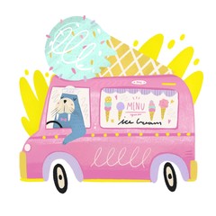 Cute walrus driving a pink ice cream truck. Yellow splash on background. Colorful hand drawn trendy illustration 