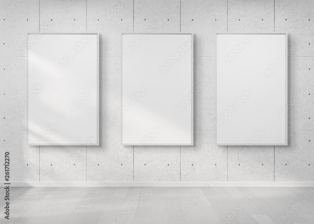 Three frames hanging on a wall mockup 3d rendering Stock Illustration ...