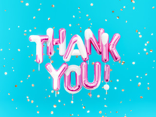 Wall Mural - Thank You text sign art creative colors balloons on bluebackground, 3d rendering