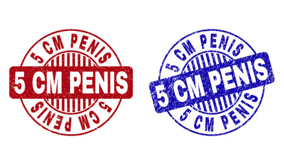 Grunge 5 CM PENIS round stamp seals isolated on a white background. Round seals with grunge texture in red and blue colors. Vector rubber watermark of 5 CM PENIS tag inside circle form with stripes.