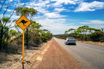 Country outback with yellow kangaroo road sign