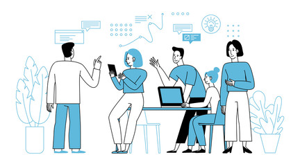 Vector illustration in simple flat linear style with smiling cartoon characters - teamwork and cooperation concept